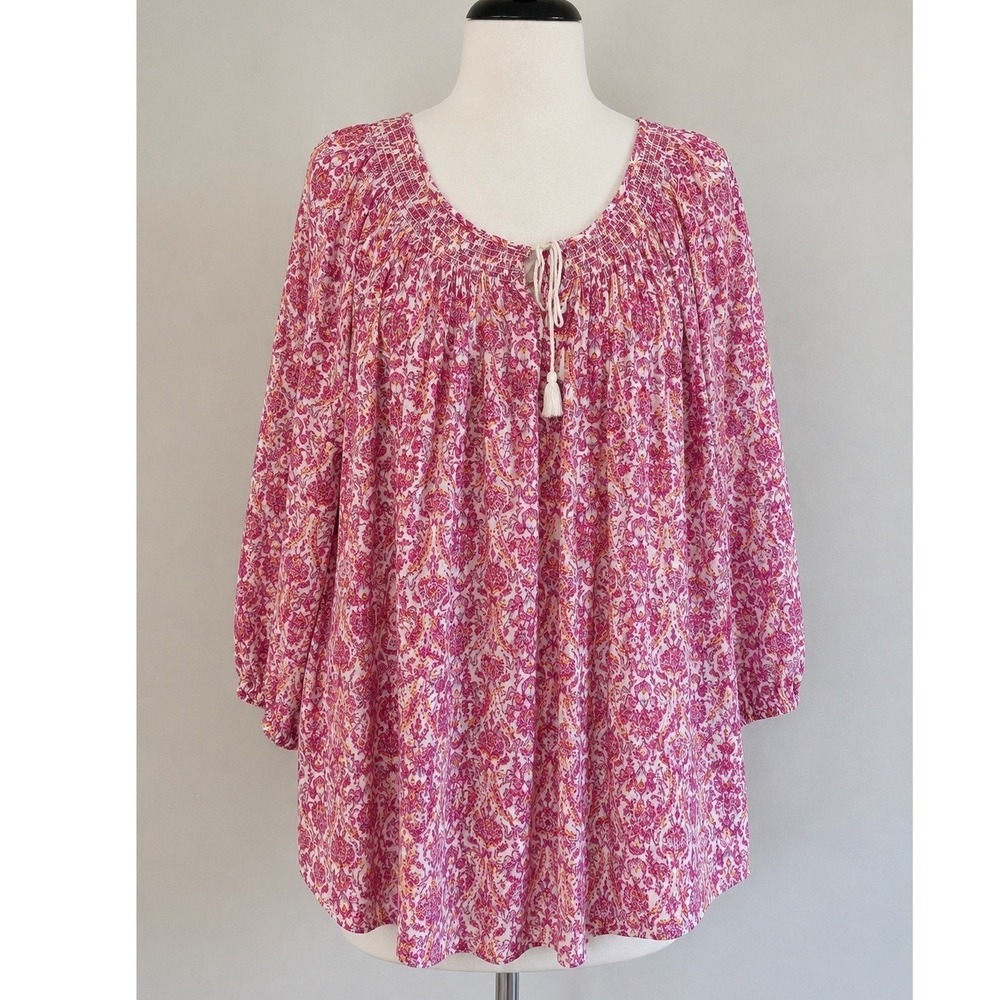 Lauren Ralph Lauren Pink Paisley Peasant Blouse Cotton Bohemian Tassel Top Large
